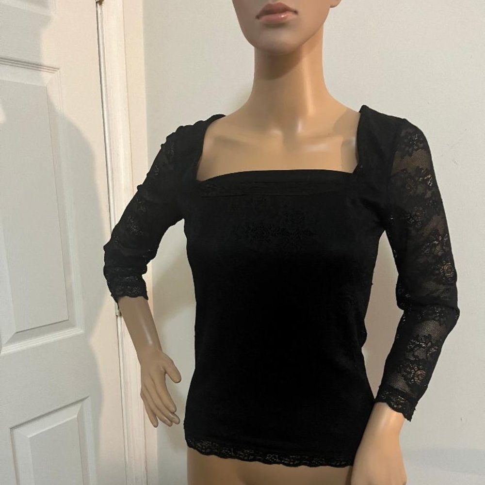MODA International Black Lace Square Neck Shirt